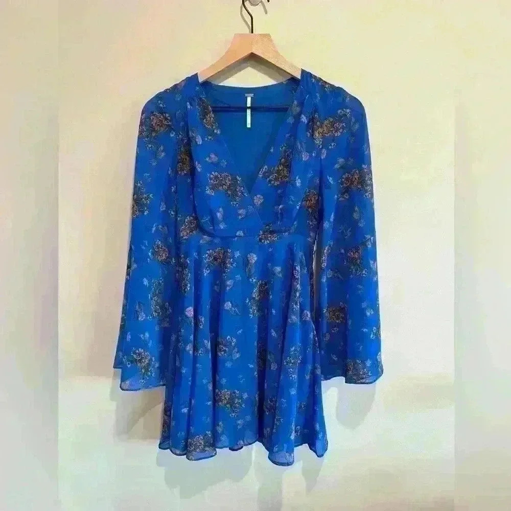 Blue Floral Long-Sleeve V-Neck Dress